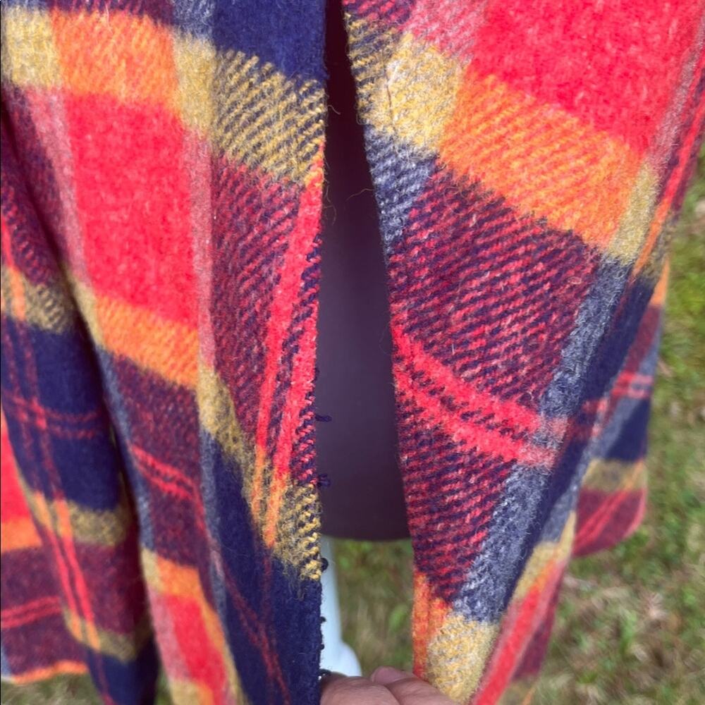 Vintage Red Blue Plaid Wool Blend Cape with Button Closure - Picture 3 of 10